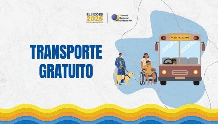 Arte do TRE-RO divulga transporte gratuito para eleitores com deficiência ou mobilidade reduzida durante as Eleições 2026.