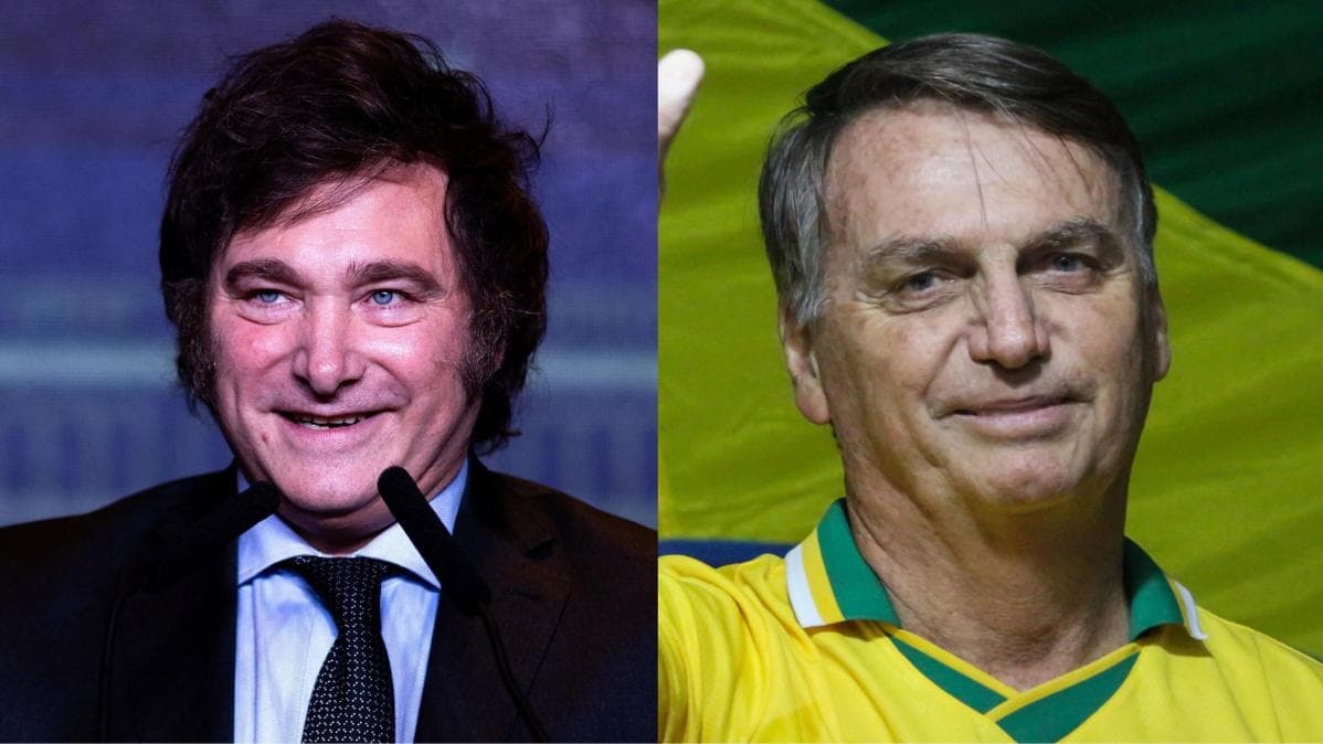 Fotografia de Javier Milei e Jair Bolsonaro em um encontro oficial, ilustrando notícia sobre o pedido de autorização para uma visita do presidente argentino ao ex-presidente brasileiro.
